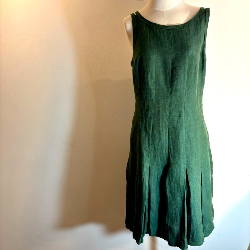 LIDA BADAY Sz 10 Green Sleeveless Dress Box Pleat Double Strap Linen Raw Hem